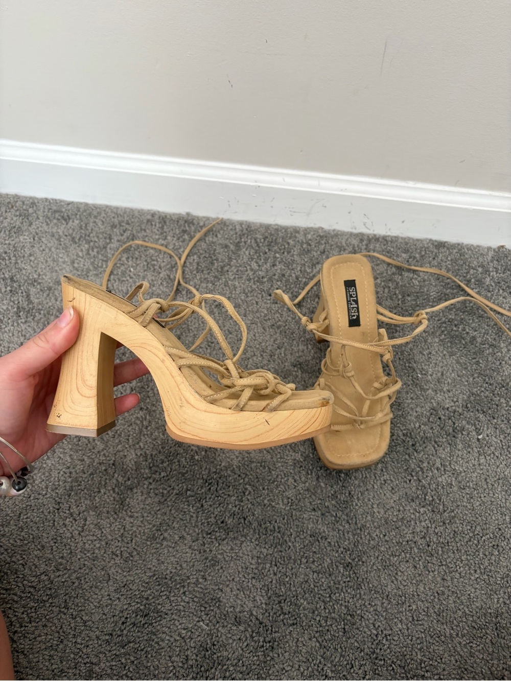 Y2K vintage platform Strappy Lace-Up Sandal wooden chunky Heels in Tan